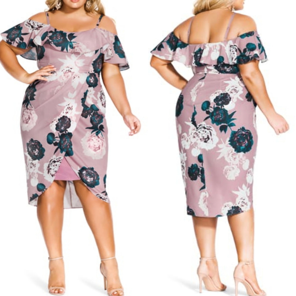 City Chic Floral Off-Shoulder Midi Dress in Pink and Black